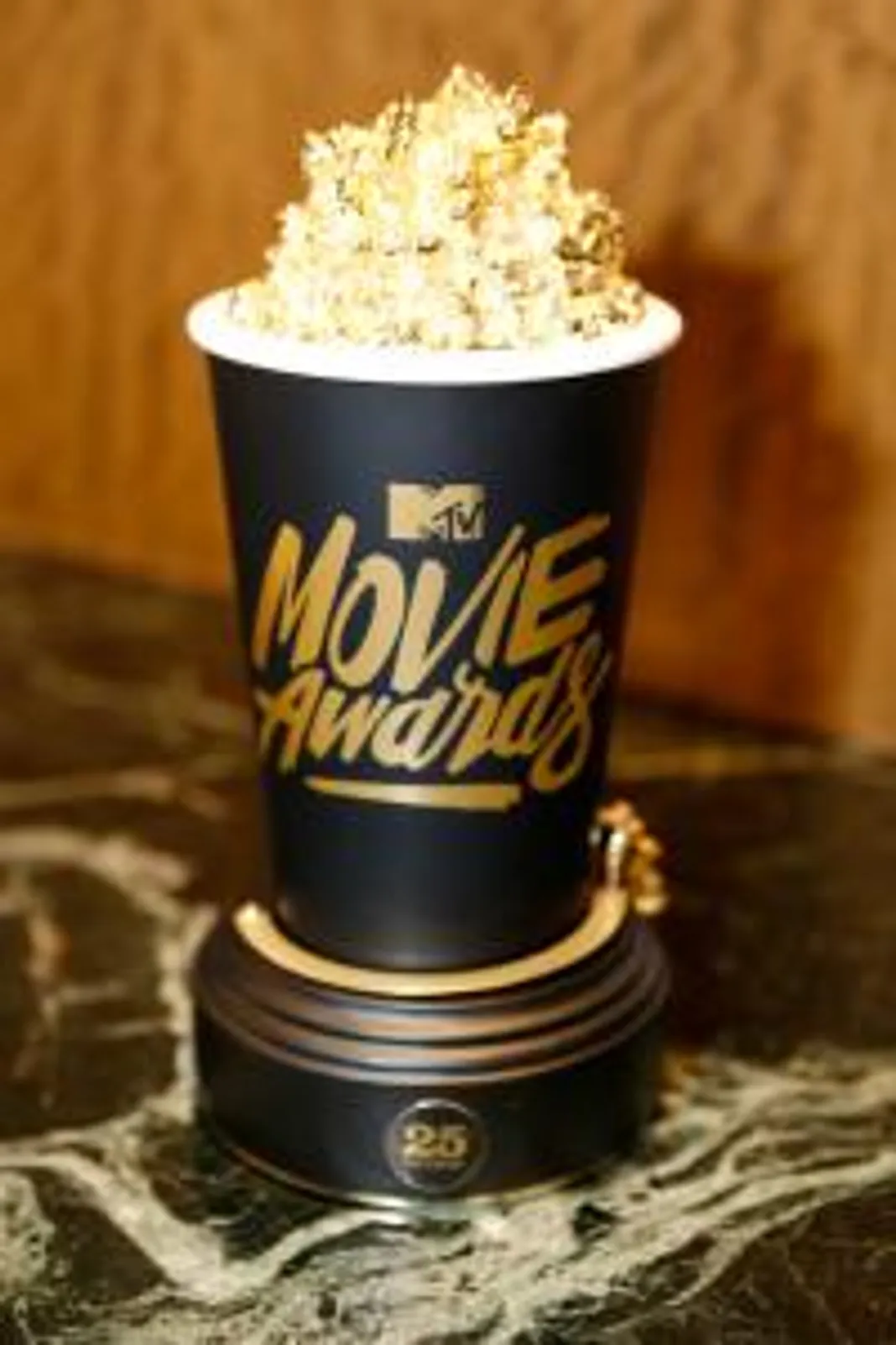 "BURBANK, CALIFORNIA - APRIL 07:  (EXCLUSIVE ACCESS, SPECIAL RATES APPLY) A view of the Golden Popcorn award during the 2016 MTV Movie Awards Press Junket at Warner Bros. Studios on April 7, 2016 in Burbank, California.  (Photo by Randy Shropshire/MTV1415/Getty Images for MTV)"